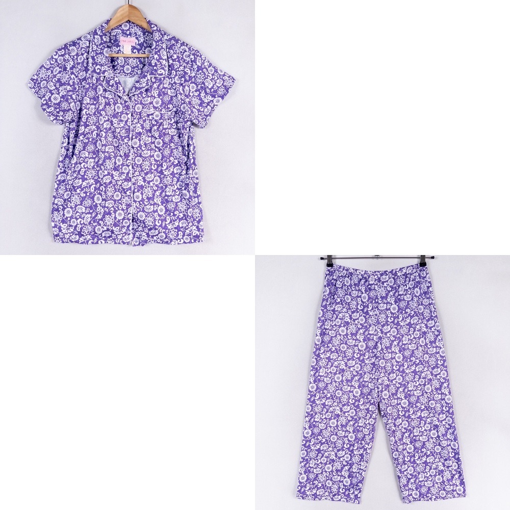 Pink Label Pajama Set Womens XL Purple Floral Short Sleeve Button Top Crop Pants
